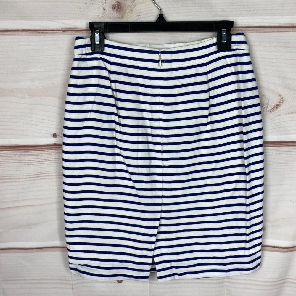 J‎ Crew Skirt Womens 4 Blue White Stripe Pencil Cotton Linen Knee Length Zipper